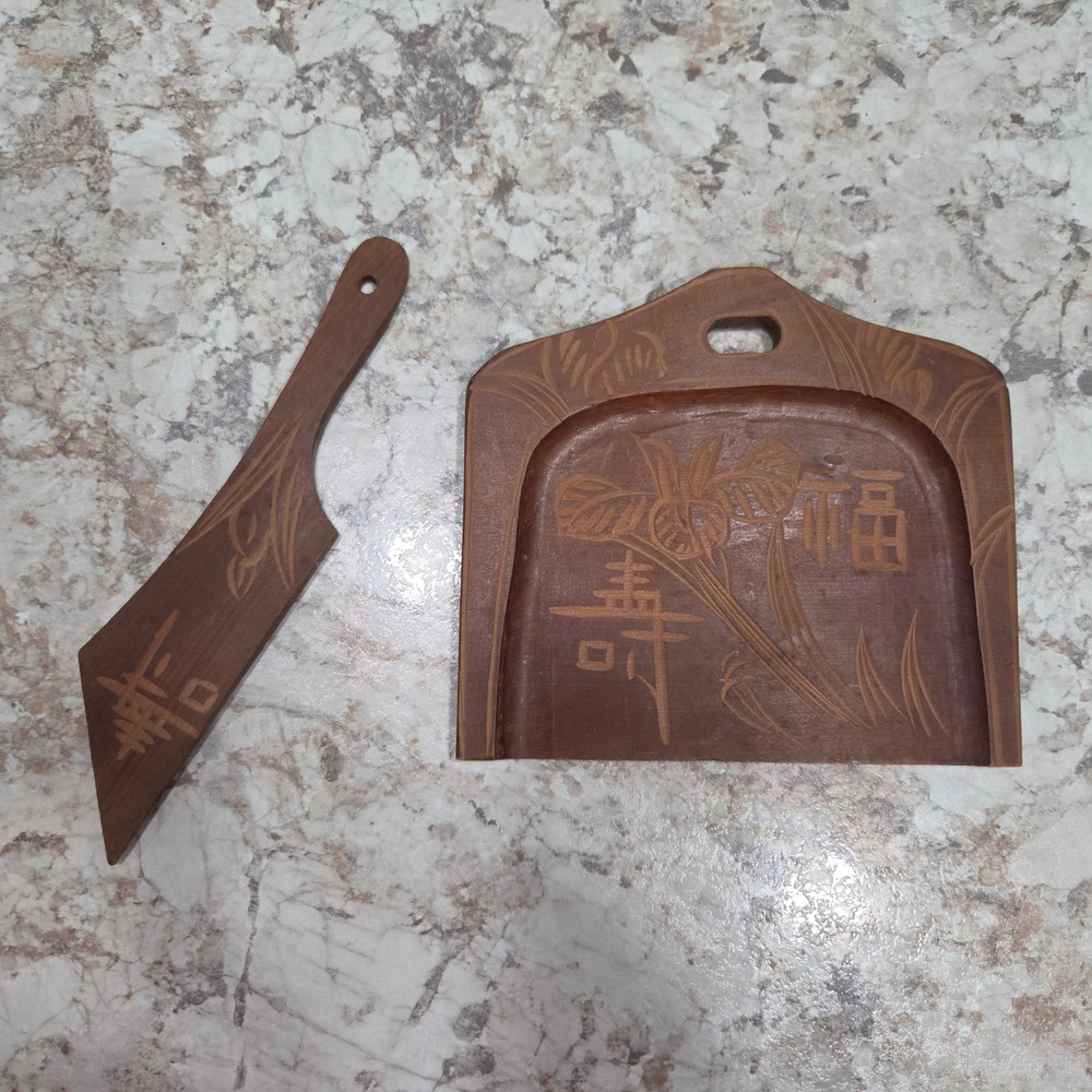 Vintage Japanese Hand Carved Wooden Crumb Tray and Silent Butler Scraper Set